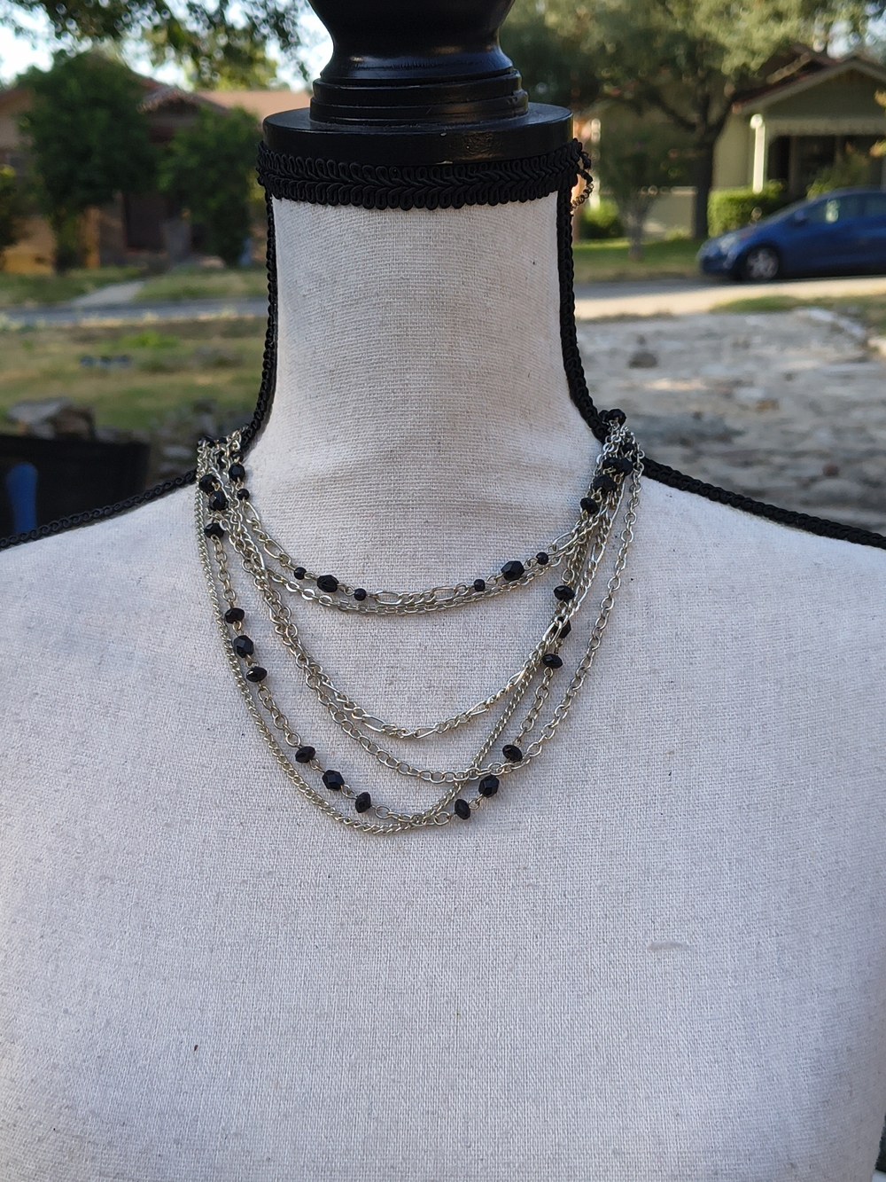 Layered Silver Chain Necklace with Black Beads - Women Jewelry